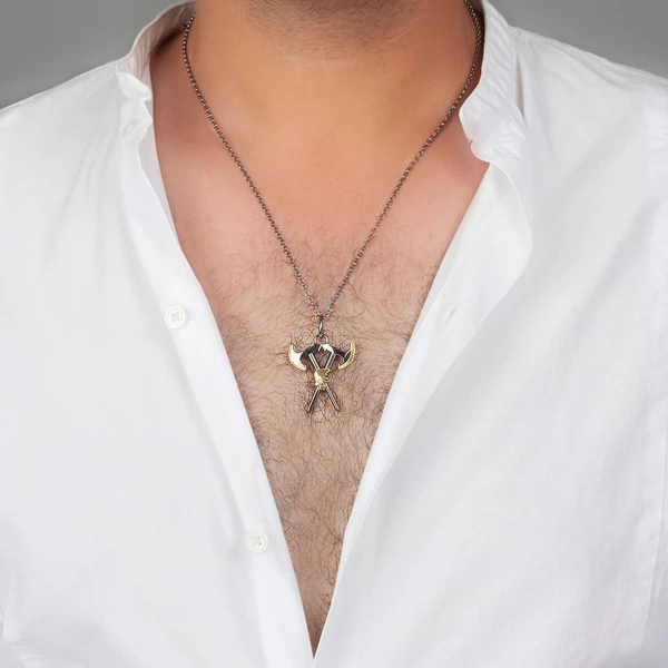 Çift Renk Sarmalı Çift Balta Gümüş Kolye