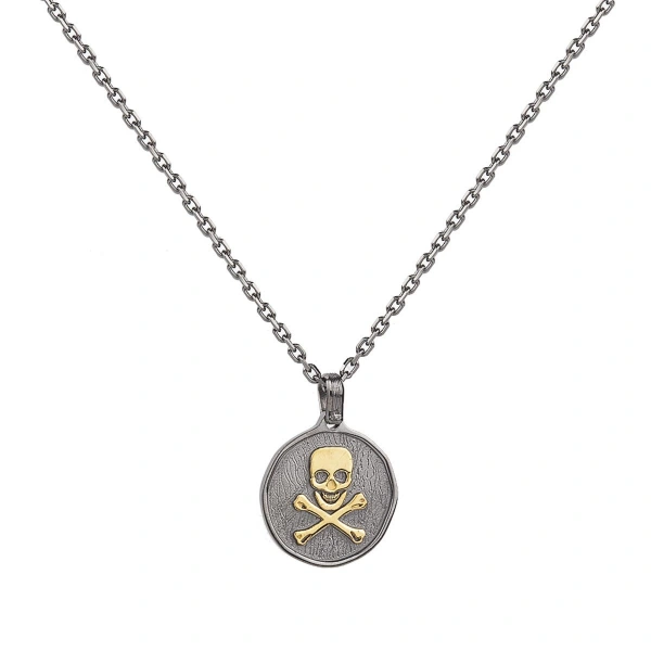 Çift Renkli Kurukafa Madalyon Gümüş Kolye