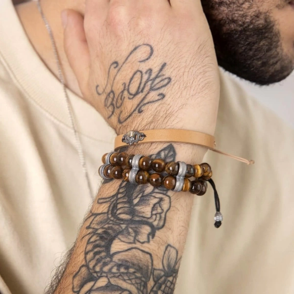 Çift Sıra Makrome Örgü Kaplan Gözü Taşlı Oksitli Gümüş Bileklik