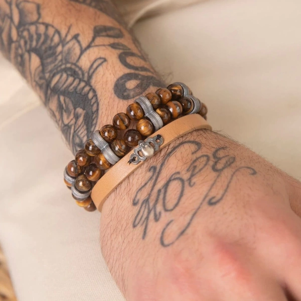 Çift Sıra Makrome Örgü Kaplan Gözü Taşlı Oksitli Gümüş Bileklik