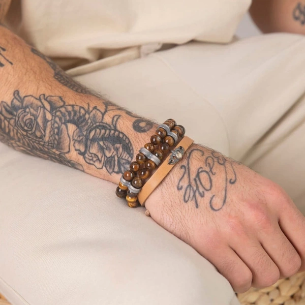 Çift Sıra Makrome Örgü Kaplan Gözü Taşlı Oksitli Gümüş Bileklik