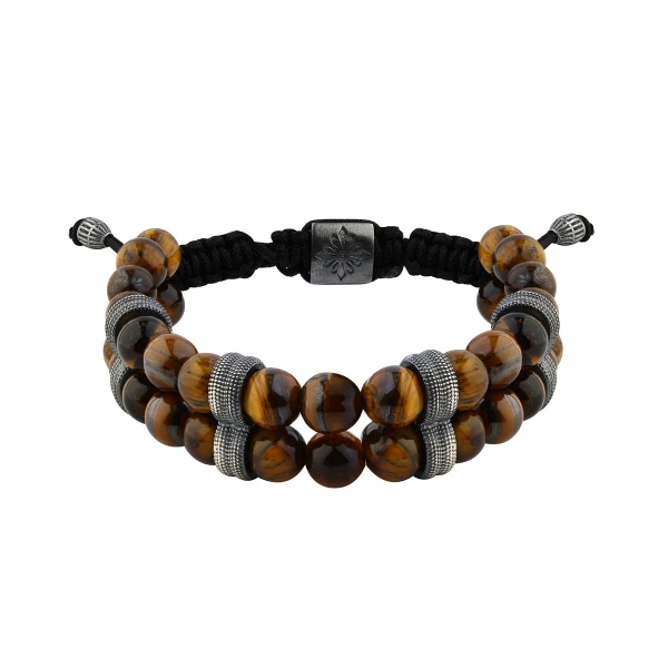 Çift Sıra Makrome Örgü Kaplan Gözü Taşlı Oksitli Gümüş Bileklik