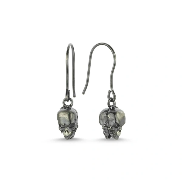 Çift Taraflı Kurukafa Sallantılı Oksitli Unisex Gümüş Küpe