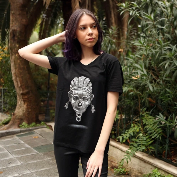 Festival Kurukafa Baskılı V Yaka Siyah Tişört