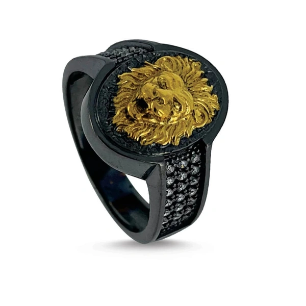 İki Renk Kaplama Markazit Taşlı Elips Aslan Madalyon Gümüş Yüzük