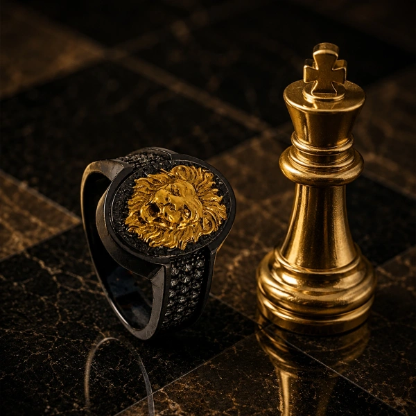 Ellipse Löwe Medaillon Silber Ring mit zwei Farbe plattiert Marquise Stein