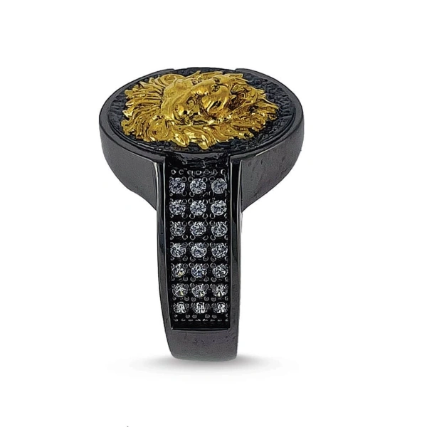 İki Renk Kaplama Markazit Taşlı Elips Aslan Madalyon Gümüş Yüzük