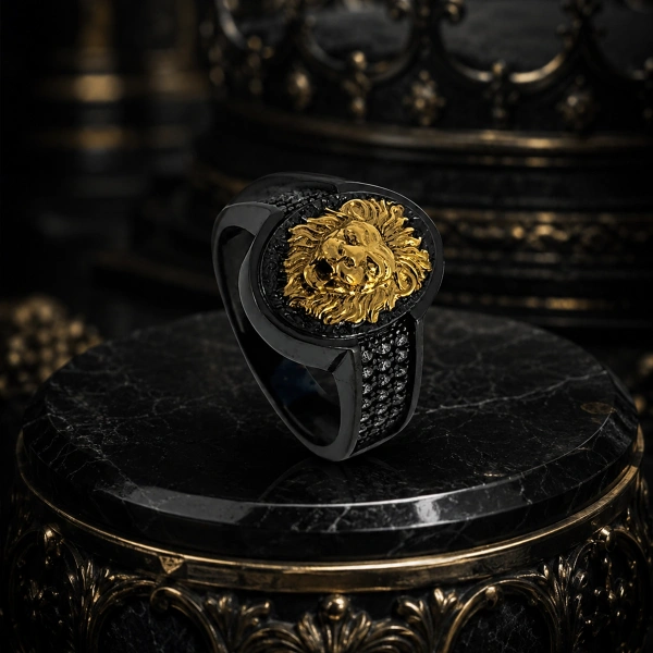 Ellipse Löwe Medaillon Silber Ring mit zwei Farbe plattiert Marquise Stein