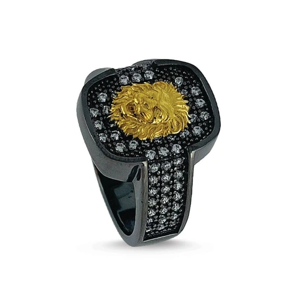 İki Renk Kaplama Markazit Taşlı Modern Aslan Madalyon Gümüş Yüzük