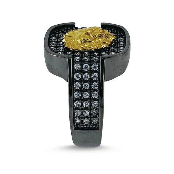 İki Renk Kaplama Markazit Taşlı Modern Aslan Madalyon Gümüş Yüzük