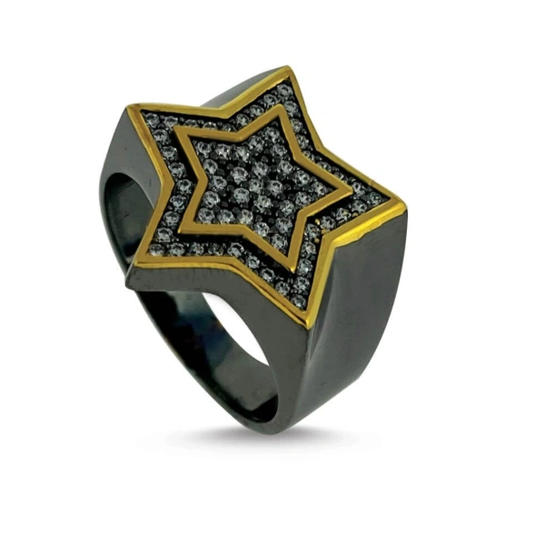 İki Renk Kaplama Markazit Taşlı Yıldız Madalyon Gümüş Yüzük