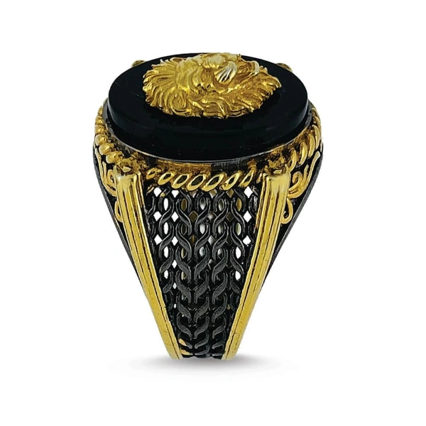 İki Renk Kaplama Onix Taş Üzeri Aslan Madalyon Gümüş Yüzük