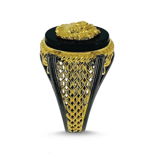 İki Renk Kaplama Onix Taş Üzeri Aslan Madalyon Gümüş Yüzük