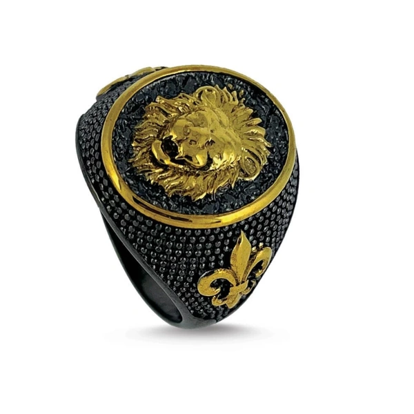 İki Renk Kaplama Özel Desen Yüzey Üzeri Aslan Madalyon Gümüş Yüzük