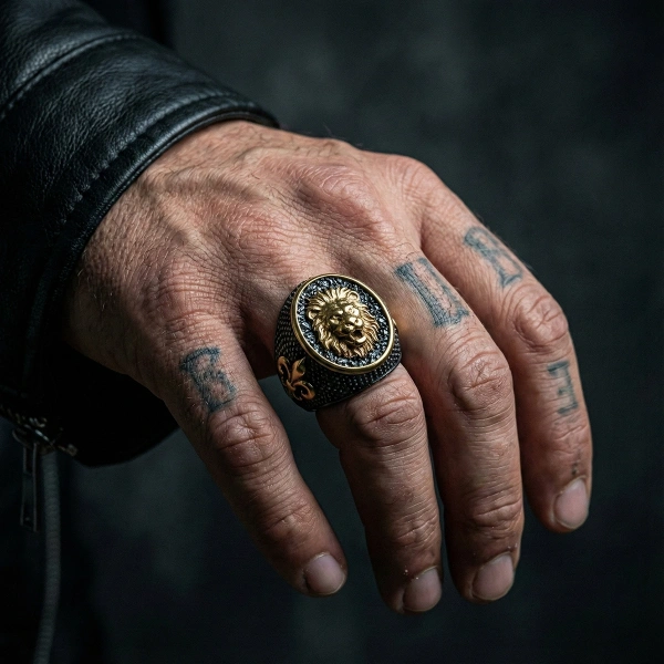 İki Renk Kaplama Özel Desen Yüzey Üzeri Aslan Madalyon Gümüş Yüzük