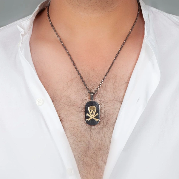 İki Renkli Kurukafa Künye Gümüş Kolye