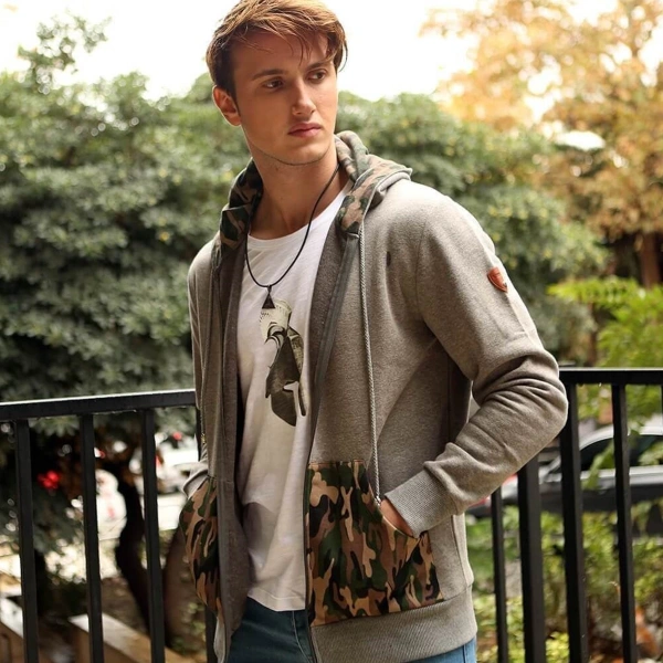 Kamuflaj Baskılı Fermuarlı Kapüşonlu Gri Sweatshirt