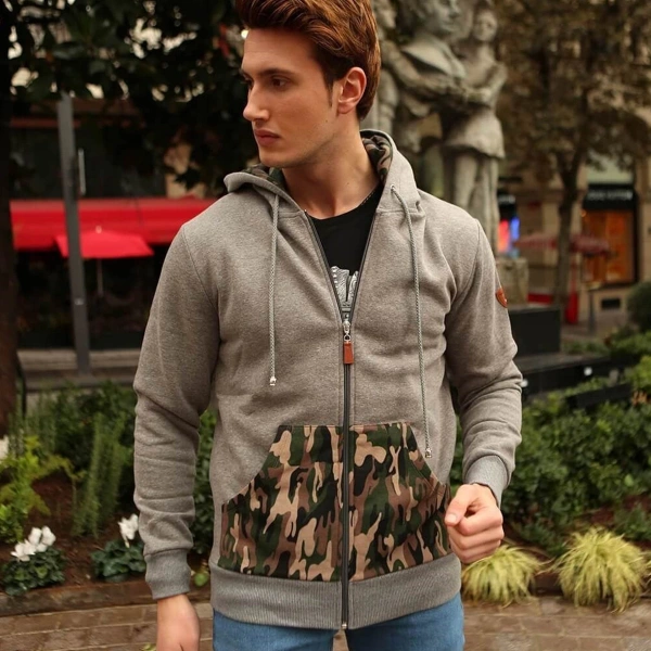 Kamuflaj Baskılı Fermuarlı Kapüşonlu Gri Sweatshirt