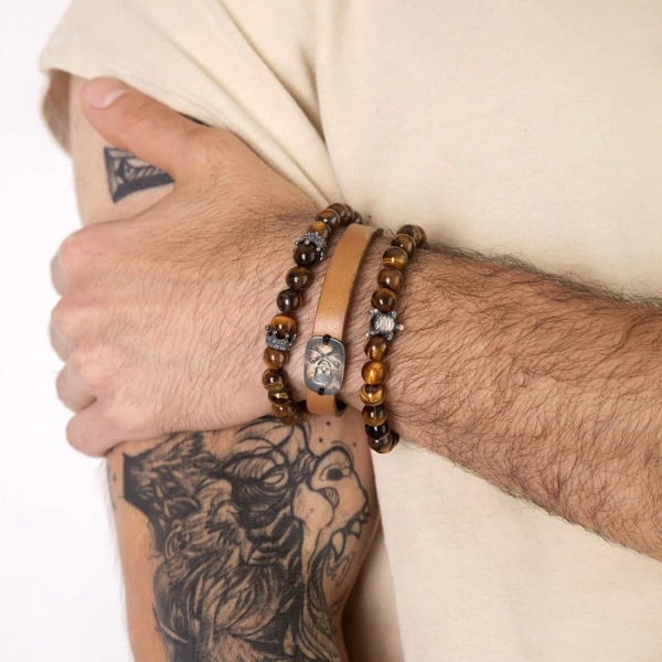 Kaplan Gözü Taşlı Kral Tacı Oksitli Gümüş Ara Parçalı Elastik Bileklik