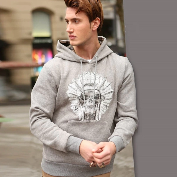 Kızılderili Baskılı Önde Kapşon Kamuflaj Baskılı Gri Sweatshirt