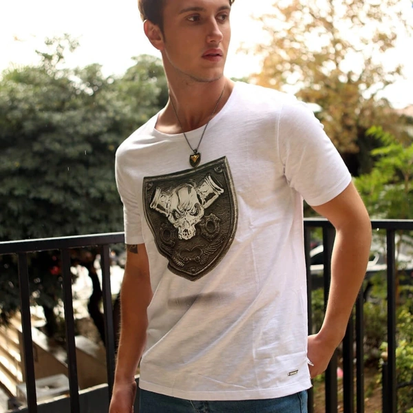 Korsan Apolet Bisiklet Yaka Erkek Beyaz Tişört