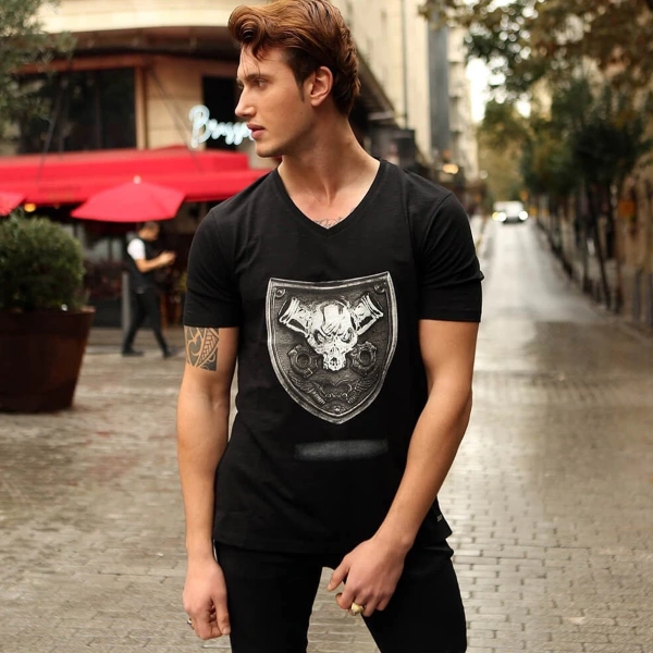 Korsan Apolet V Yaka Erkek Siyah Tişört