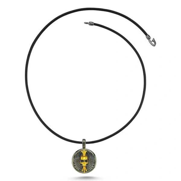 Kurukafa Madalyon Uçlu Deri Gümüş Kolye