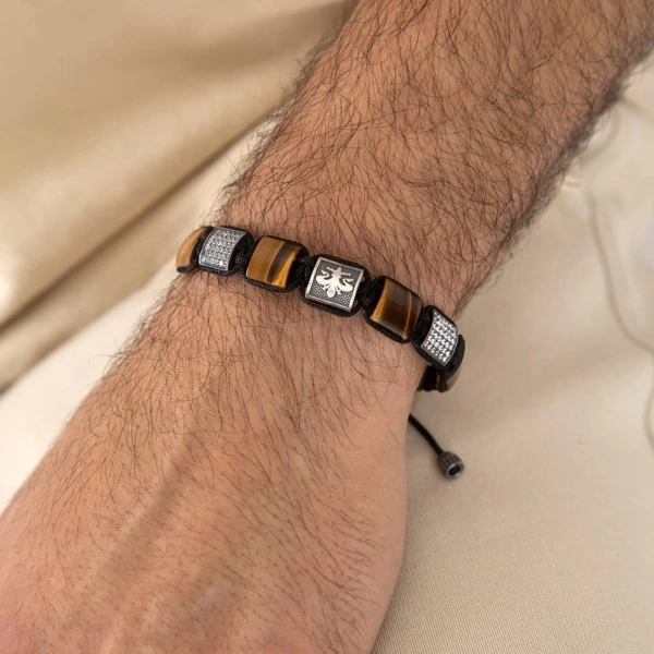 Makrome Örgü Kaplan Gözü Taşlı Gümüş Bileklik