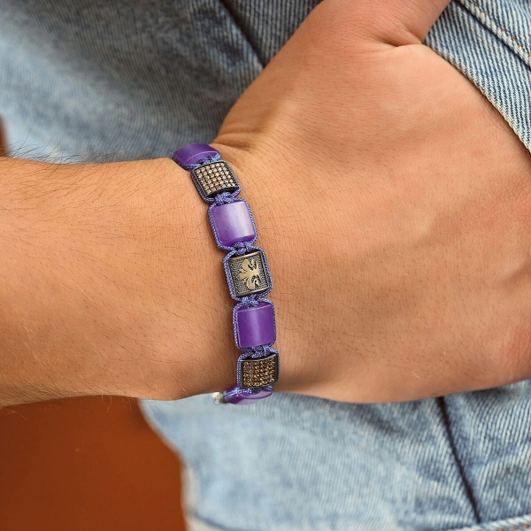 Makrome Örgü Mor Taşlı Oksitli Gümüş Bileklik