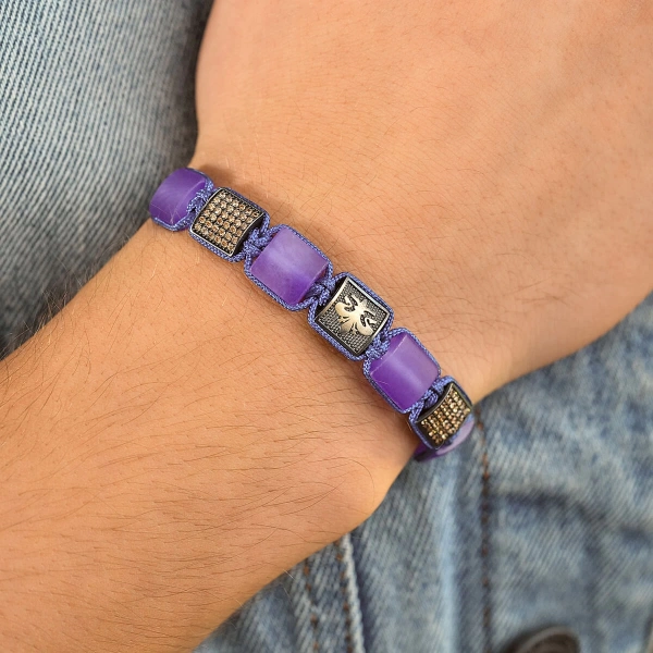 Makrome Örgü Mor Taşlı Oksitli Gümüş Bileklik