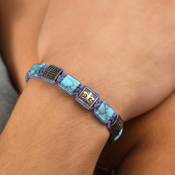 Makrome Örgü Turkuaz Taşlı Gümüş Bileklik