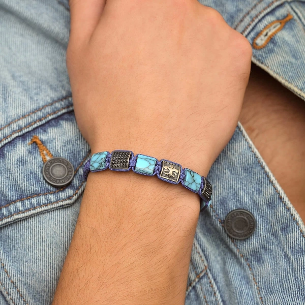 Makrome Örgü Turkuaz Taşlı Gümüş Bileklik