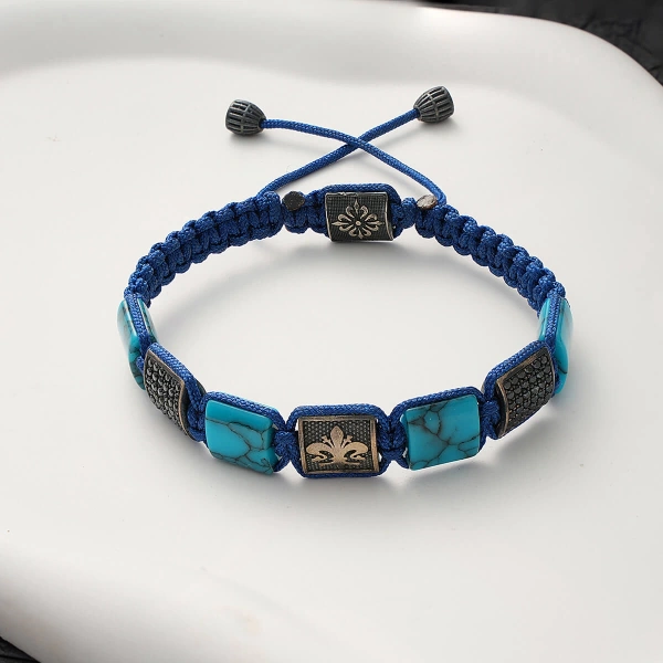 Makrome Örgü Turkuaz Taşlı Gümüş Bileklik