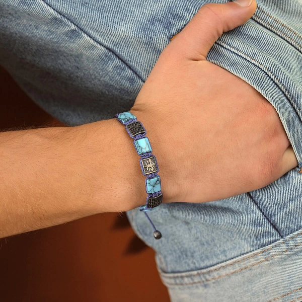 Makrome Örgü Turkuaz Taşlı Gümüş Bileklik