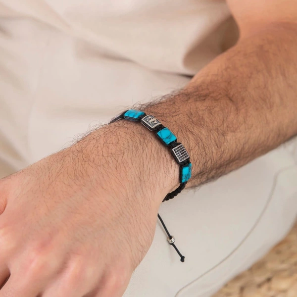 Makrome Örgü Turkuaz Taşlı Oksitli Gümüş Bileklik