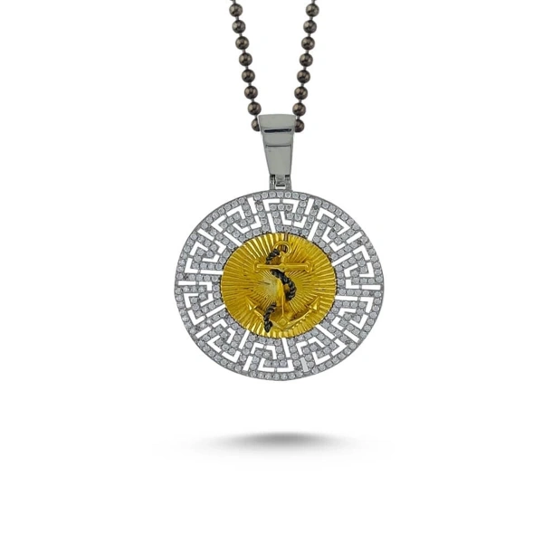 Markazit Taşlı Özel Yüzey İki Renk Kaplama Halatlı Madalyon Çapa Kolye