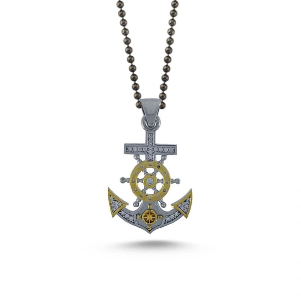 Markazit Taşlı Özel Yüzey Kaplama Halatlı Dümenli Çapa Kolye