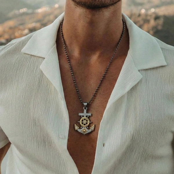 Markazit Taşlı Özel Yüzey Kaplama Halatlı Dümenli Çapa Kolye