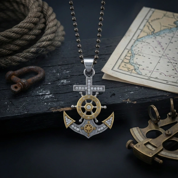 Markazit Taşlı Özel Yüzey Kaplama Halatlı Dümenli Çapa Kolye