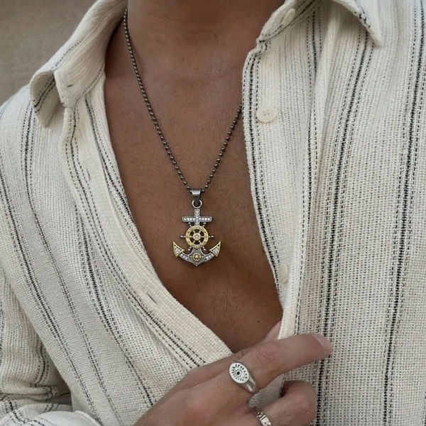 Markazit Taşlı Özel Yüzey Kaplama Halatlı Dümenli Çapa Kolye