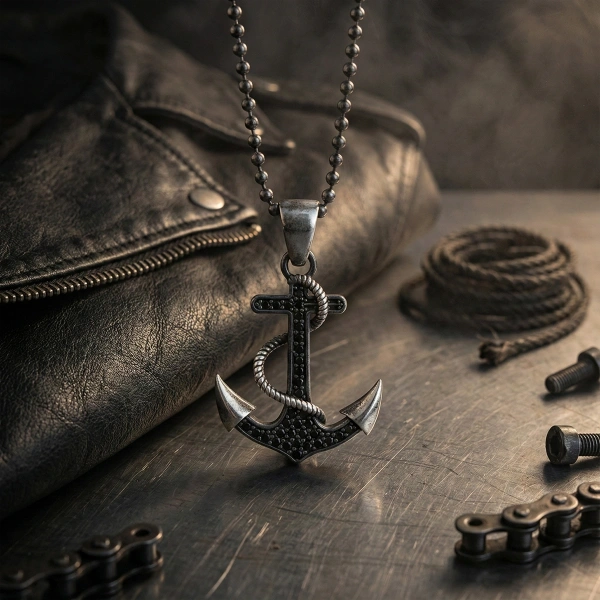 Markazit Taşlı Özel Yüzey Kaplama Halatlı Minimal Çapa Kolye