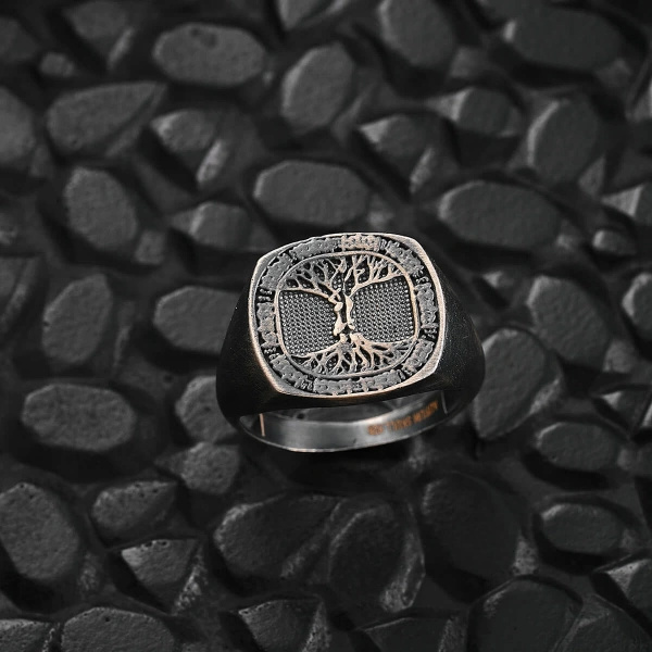 Oksitli Modern Aşk Çınarı Mühür Unisex Gümüş Yüzük