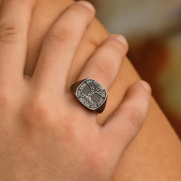 Oksitli Modern Aşk Çınarı Mühür Unisex Gümüş Yüzük