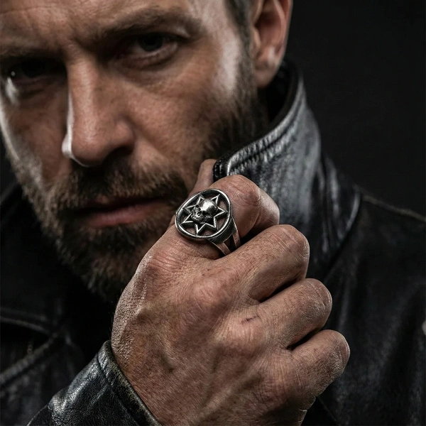 Oksitli Özel Yıldız Kesim Kurukafa Gümüş Yüzük