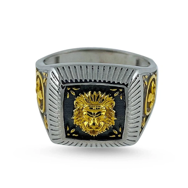 Özel İki Renk Yüzey Kaplama Aslan Kare Form Madalyon Gümüş Yüzük
