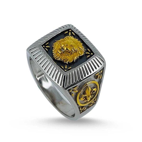 Özel İki Renk Yüzey Kaplama Aslan Kare Form Madalyon Gümüş Yüzük
