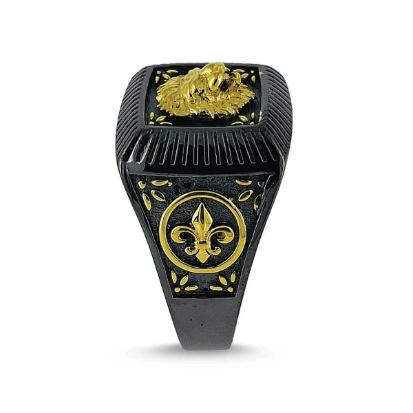 Özel İki Renk Yüzey Kaplama Aslan Kare Form Madalyon Gümüş Yüzük