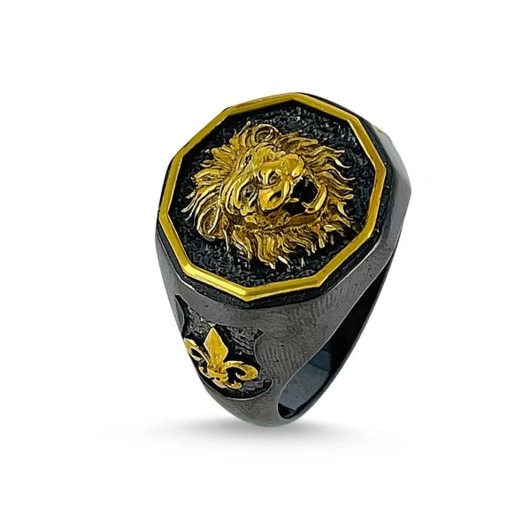 Özel İki Renk Yüzey Kaplama Aslan Mühür Madalyon Gümüş Yüzük