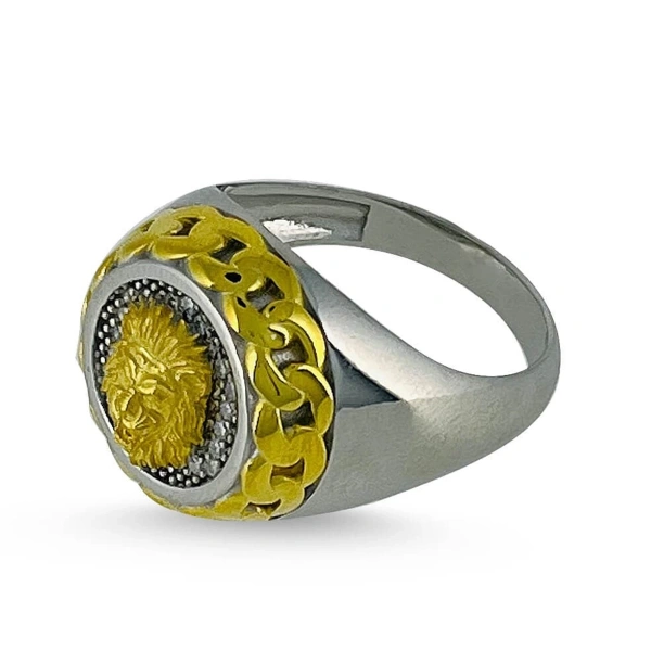 Özel İki Renk Yüzey Kaplama Aslan Zincir Sarma Madalyon Gümüş Yüzük