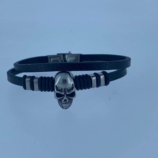 Özel Tasarım Kuru Kafa Çift Deri Çelik Modern Bileklik